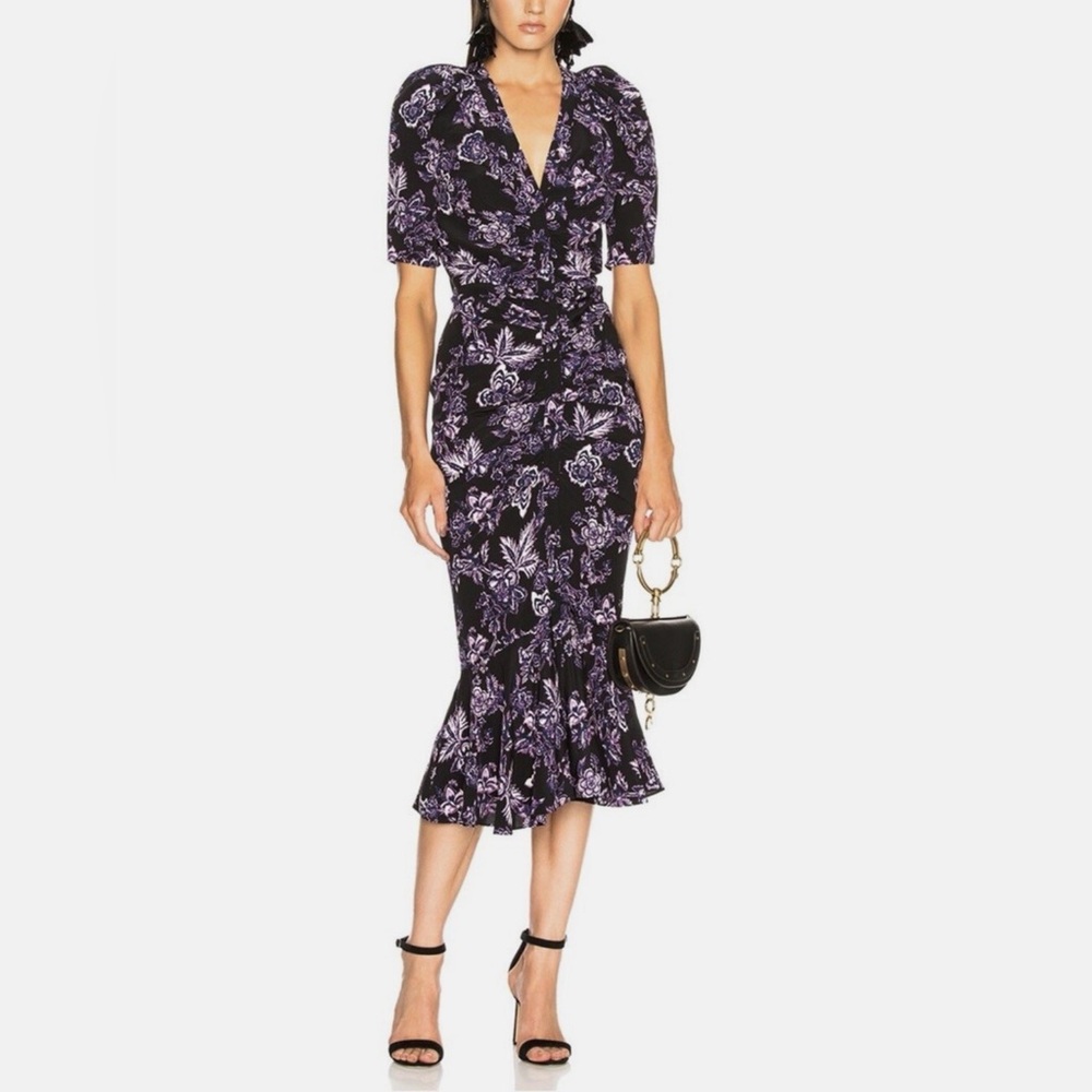 Veronica Beard 100% Silk Kent Midi Dress Floral V-Neck Black Purple Women's 12